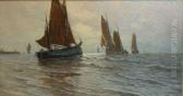 Uitvarende Boten Te Oostende. Oil Painting by Albert Isidore Devos