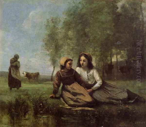 Two Cowherds in a Meadow by the Water Oil Painting by Jean-Baptiste-Camille Corot