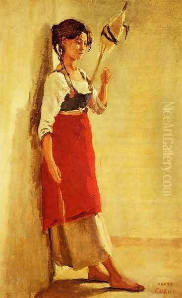 Young Italian Woman from Papigno with Her Spindle Oil Painting by Jean-Baptiste-Camille Corot