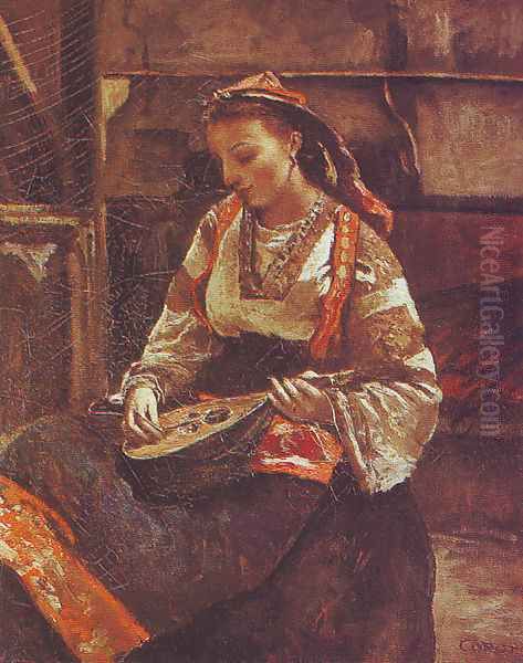 Italienne assise jouant de la mandoline Oil Painting by Jean-Baptiste-Camille Corot