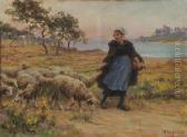 Bergere Et Ses Moutons Oil Painting by Theophile Louis Deyrolle