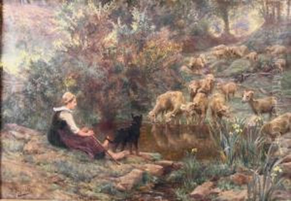 At The Pond Oil Painting by Theophile Louis Deyrolle