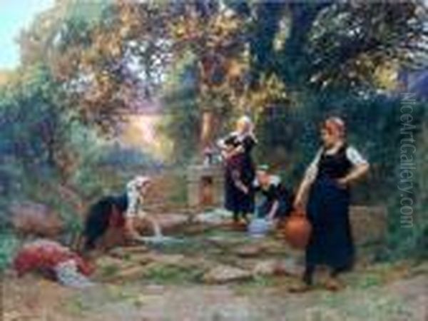 Les Lavandieres Oil Painting by Theophile Louis Deyrolle