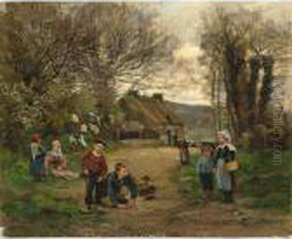 Children Playing Of Marbles On A Sunny Day, Brittany Oil Painting by Theophile Louis Deyrolle