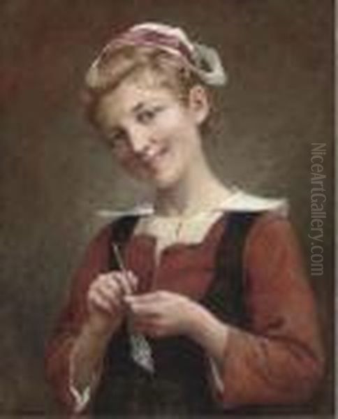 A Young Girl Knitting Oil Painting by Theophile Louis Deyrolle