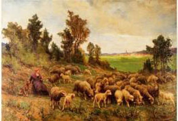 La Gardienne De Moutons Oil Painting by Theophile Louis Deyrolle