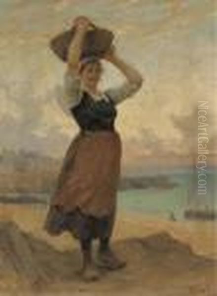 Young Woman On The Beach Oil Painting by Theophile Louis Deyrolle