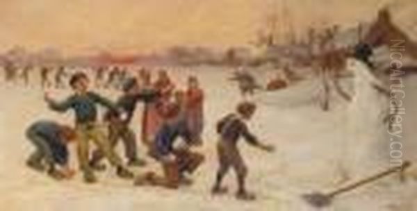 Playing With Snowballs Oil Painting by Theophile Louis Deyrolle