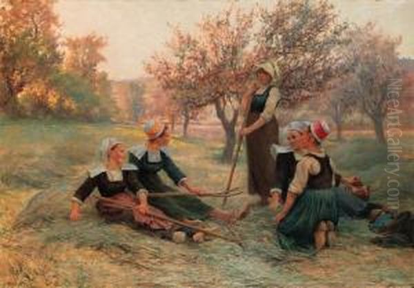 La Fin De La Journee Des Faneuses Oil Painting by Theophile Louis Deyrolle