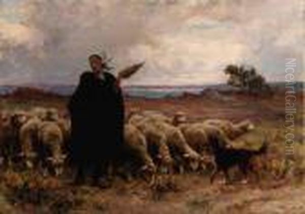 Shepherdess With Her Flock Oil Painting by Theophile Louis Deyrolle