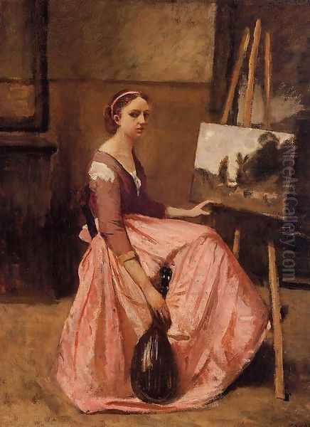 Young Woman in a Red Dress Oil Painting by Jean-Baptiste-Camille Corot