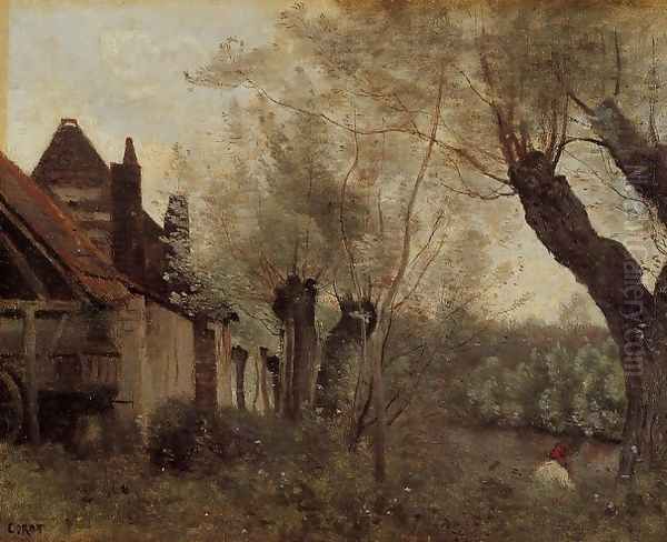 Willows and Farmhouses at Saint-Catherine-les Arras Oil Painting by Jean-Baptiste-Camille Corot