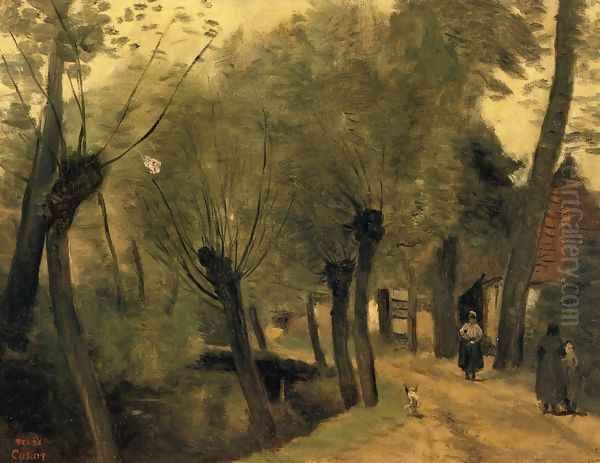 LaBuissiere, near Bethune (pas de Calais): Lane Bordered by Willows Oil Painting by Jean-Baptiste-Camille Corot