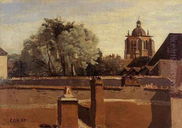 Orleans - View from a Window Overlooking the Saint-Peterne Tower Oil Painting by Jean-Baptiste-Camille Corot