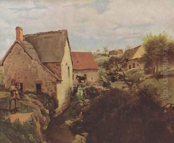 Hütten mit Mühle am Bachufer Oil Painting by Jean-Baptiste-Camille Corot