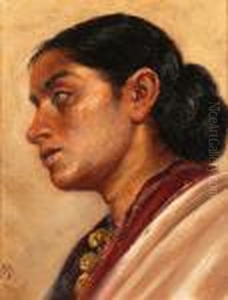 Head Of A Young Woman Oil Painting by Mahadev Vishvanath Dhurandhar