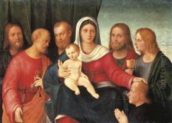 The Madonna And Child With 
Saints Peter, John The Evangelist, Jamesthe Great And Two Other Apostles
 With The Donor In Adoration Oil Painting by Francesco Bissolo