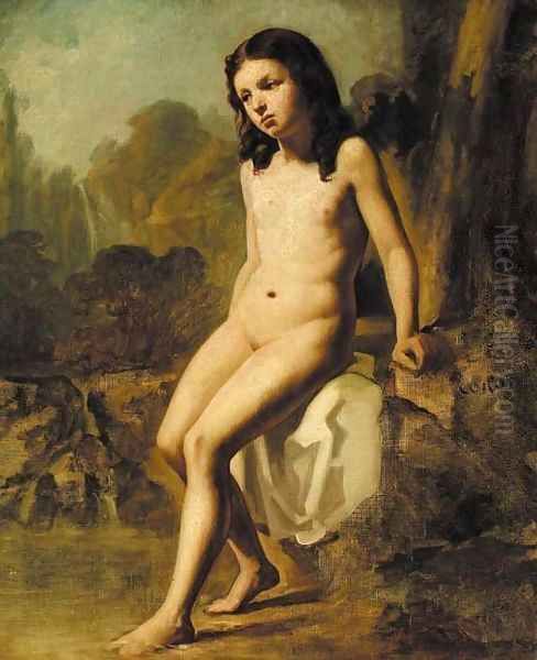 A female nude in a rocky landscape Oil Painting by Jean-Baptiste-Camille Corot