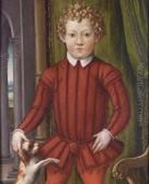 Portrait Of A Young Boy, 
Standing Three-quarter-length, In Red Costume With A Dog At His Side, 
Before A Green Curtain Oil Painting by Agnolo Bronzino