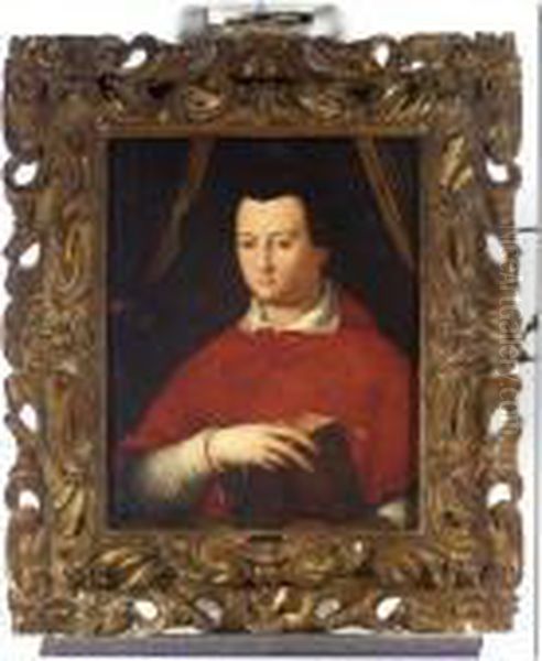 A Portrait Of Cardinal Giovanni 
Di Cosimo I De' Medici (1543-1562), Half Length, Holding A Bible Oil Painting by Agnolo Bronzino