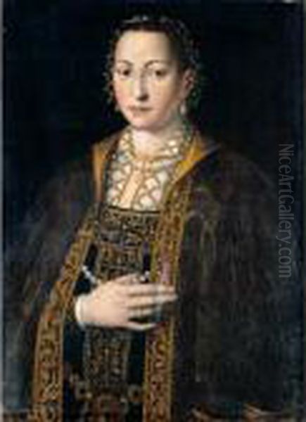 Portrait Of Eleanora Of Toledo, 
Grand Duchess Of Tuscany (1522-62), Half Length, In A Richly Embroidered
 And Bejewelled Dress Oil Painting by Agnolo Bronzino