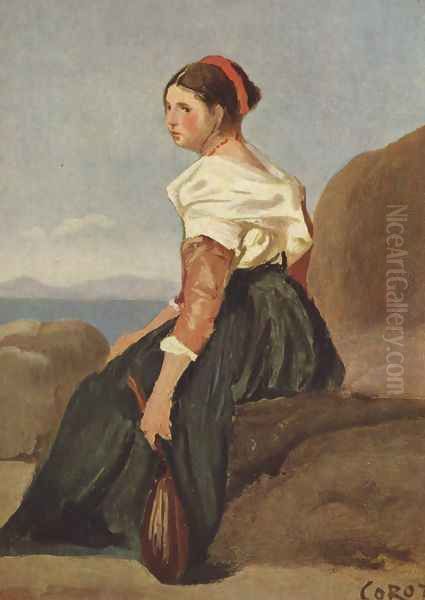 Frau mit Mandoline Oil Painting by Jean-Baptiste-Camille Corot