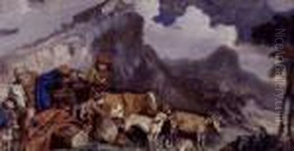 Noah Leading The Animals Out Of The Arc (#) Journey Of A Patriarch Oil Painting by Andrea Di Lione