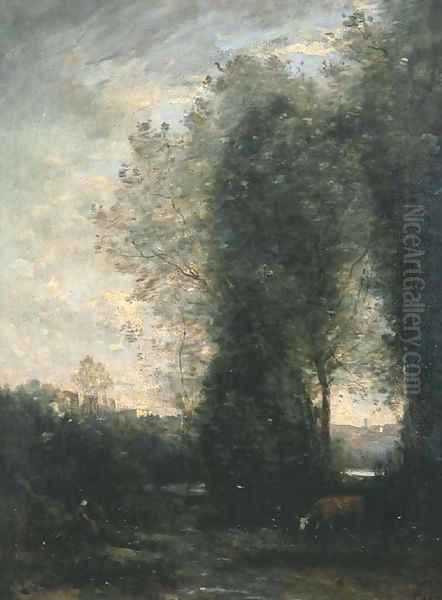 La vache et sa gardienne Oil Painting by Jean-Baptiste-Camille Corot