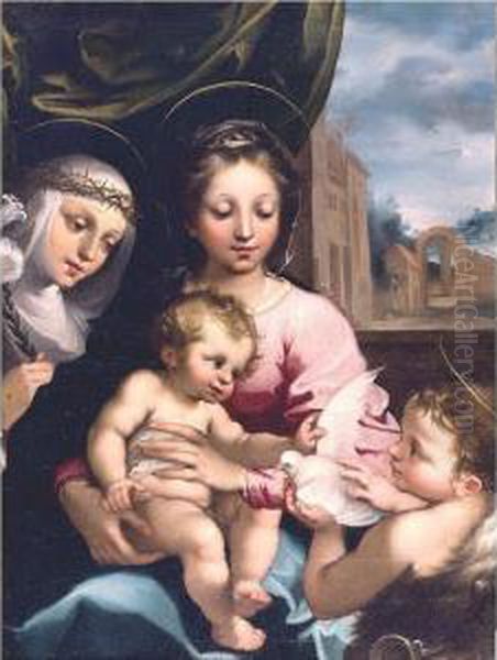 The Madonna And Child With The 
Infant Saint John The Baptist And Saint Catherine Of Siena Oil Painting by Rutilio Lorenzo Di Manetti