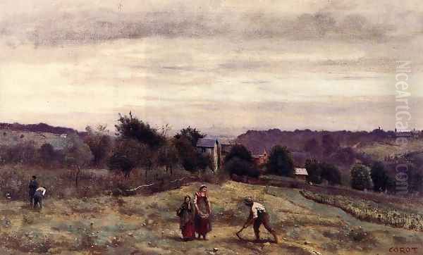 Ville d'Avray - the Heights: Peasants Working in a Field Oil Painting by Jean-Baptiste-Camille Corot