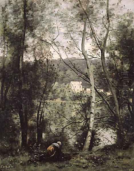 A Woman Gathering Faggots at Ville dAvray ca 1871 Oil Painting by Jean-Baptiste-Camille Corot