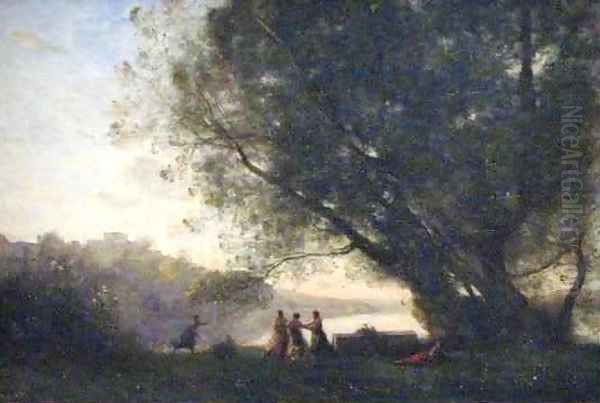 Dance Under the Trees Beside the Lake Oil Painting by Jean-Baptiste-Camille Corot