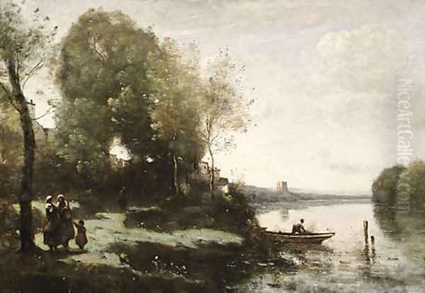 River with a Distant Tower 1865 Oil Painting by Jean-Baptiste-Camille Corot