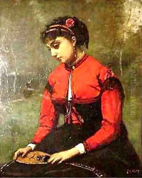 Young Woman in a Red Bodice Holding a Mandolin Oil Painting by Jean-Baptiste-Camille Corot