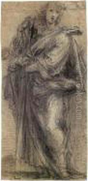 Study Of A Male Saint Holding A Cross Oil Painting by Giovanni Antonio Sogliani