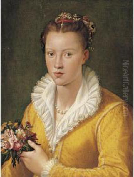 Portrait Of A Girl In A Yellow Dress Holding A Bouquet Of Flowers Oil Painting by Santi Di Tito