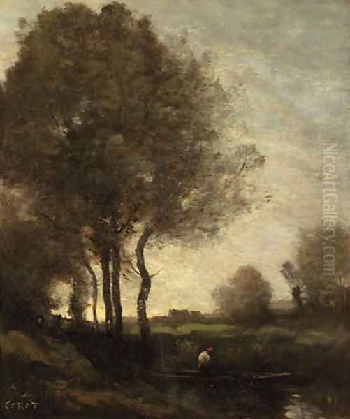 Pcheur en barque (Fisherman in a Boat) Oil Painting by Jean-Baptiste-Camille Corot