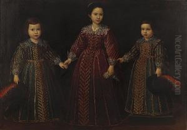 A Portrait Group Of Three 
Children, Standing Full-length, In Embroidered Gowns With Lace Collars, 
In An Interior Oil Painting by Tiberio di Tito