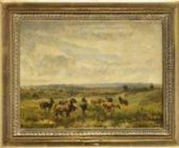 Chevaux Au Paturage Oil Painting by Narcisse Virgilio Diaz De La Pena