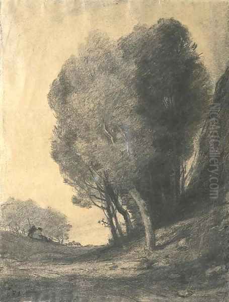 A landscape with figures by trees Oil Painting by Jean-Baptiste-Camille Corot