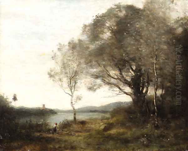 La tour au bord de l'etang Oil Painting by Jean-Baptiste-Camille Corot