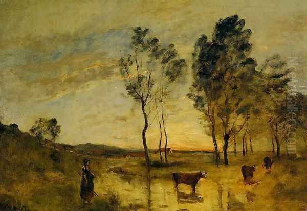 Le Gue (aka Cows on the Banks of the Gue) 1870-1875 Oil Painting by Jean-Baptiste-Camille Corot