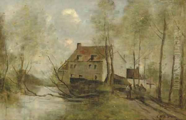 Planque, pres Douai-Le Moulin Brule Oil Painting by Jean-Baptiste-Camille Corot