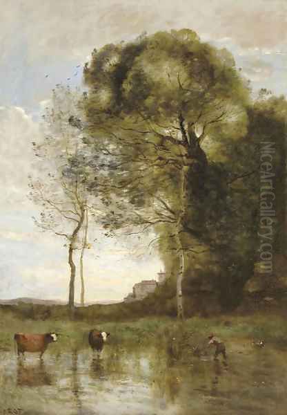 Bords d'Etang aux deux vaches, souvenir d'Italie Oil Painting by Jean-Baptiste-Camille Corot