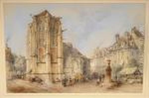 Continental Market Place With Figures Beside A Church, Other Buildings Nearby Oil Painting by Thomas Colman Dibdin