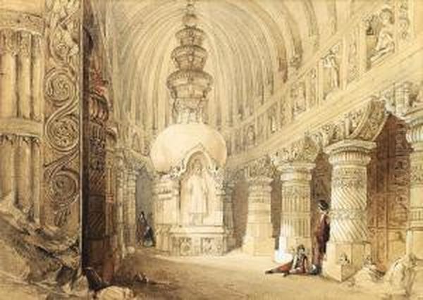 Exterior Of Chaitya Cave, Ajanta, Maharashtra Oil Painting by Thomas Colman Dibdin