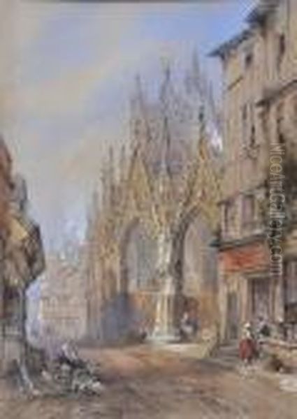 Figures Before A French 
Cathedral, Signed And Dated 1869, Watercolour Heightened With White Oil Painting by Thomas Colman Dibdin