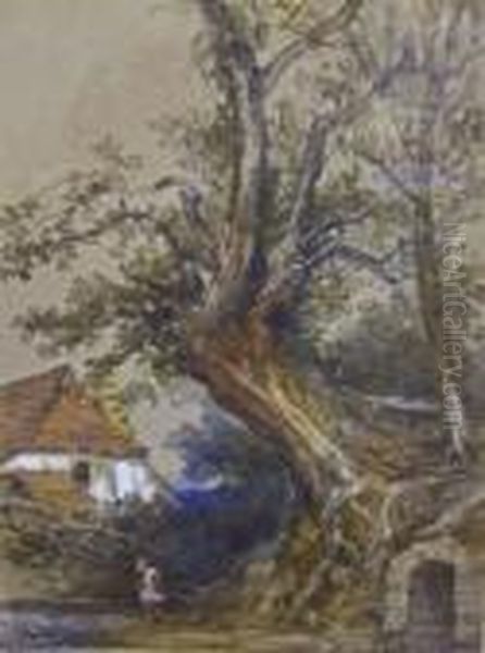 Signed, Watercolour, Child Playing By A Stream With Cottage In Background, 14 1/2 Oil Painting by Thomas Colman Dibdin