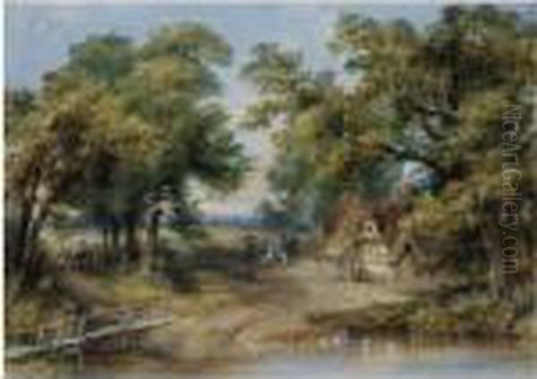 Figures Outside A Country Cottage Oil Painting by Thomas Colman Dibdin