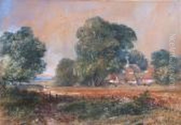 Country Scene With Cottages Oil Painting by Thomas Colman Dibdin